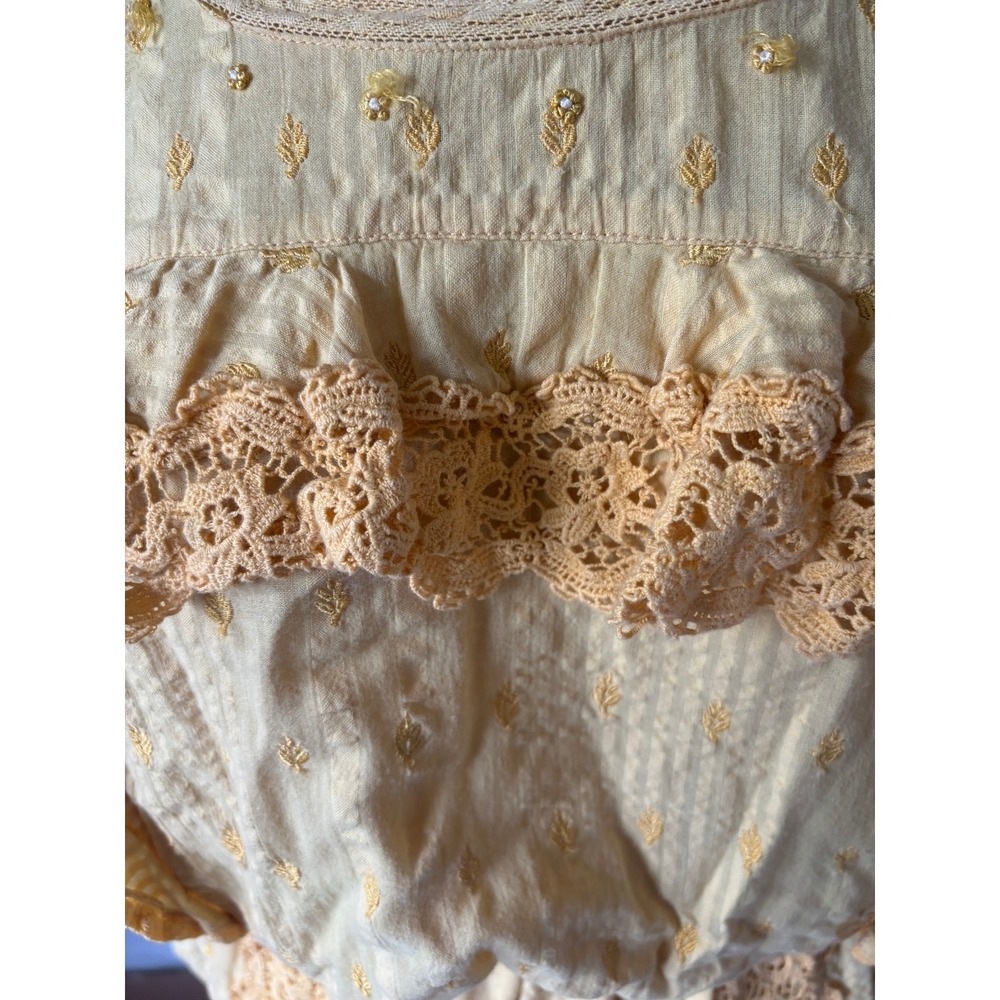 LoveShackFancy Yellow Lace-Trim Mini Dress Cottagecore Flutter Sleeve S boho - Picture 10 of 16